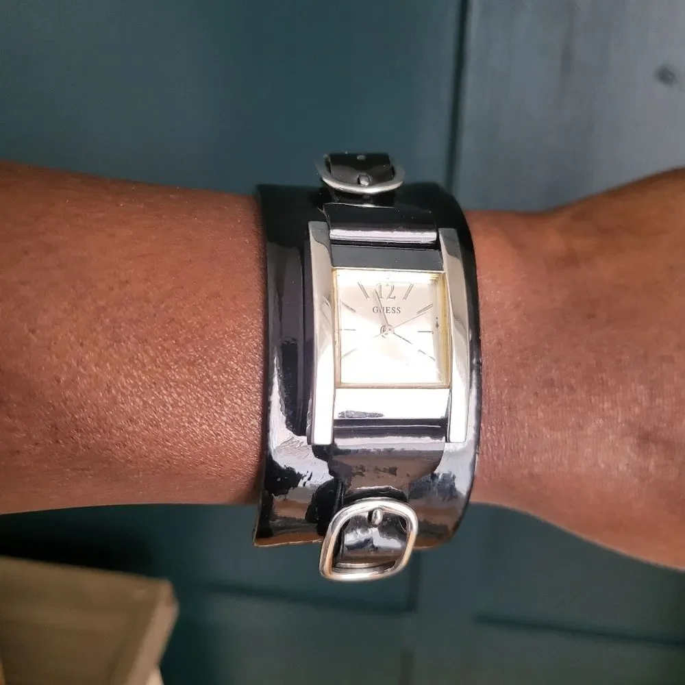 Vintage Guess Black Wide Double Buckle Black Silver Patent Leather Watch